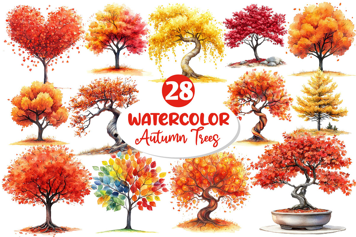 Watercolor Autumn Trees Clipart, an Illustration by Dream Creation (Photo 1 of 6)