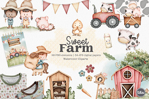 Watercolor farm cliparts and pattern