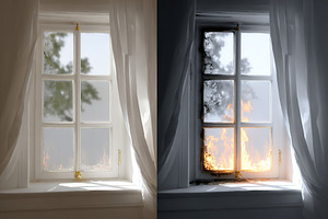 Left side displays an idyllic outdoor view through a window, while right side s, a Photo by AlyaAnd