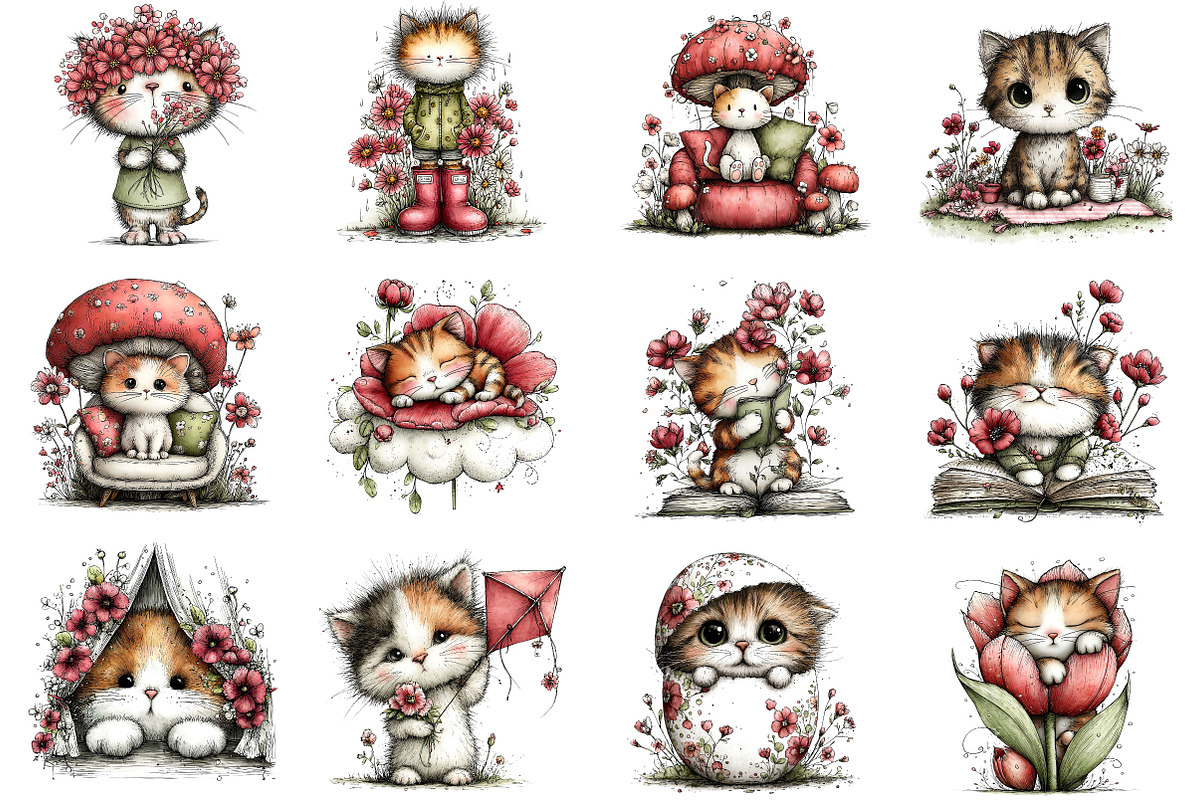 Whimsical Spring Cats Clipart, an Illustration by Dream Creation (Photo 2 of 6)
