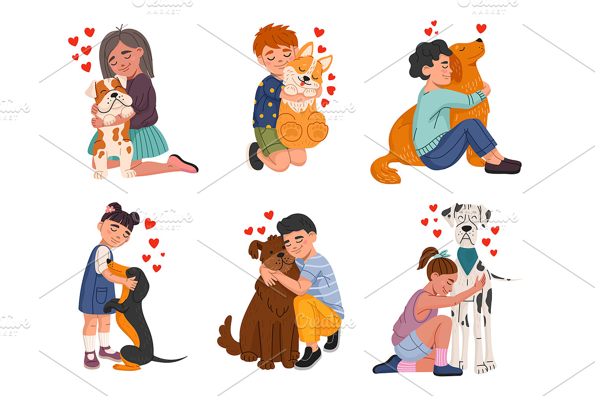 Kid hugs a dog, petting and playing, an Illustration by Buch&Bee (Photo 1 of 3)