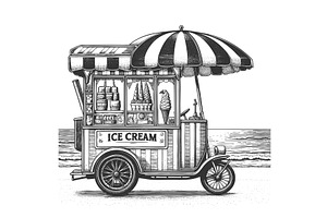 beach ice cream cart engraving, a Food Illustration by AlexArt