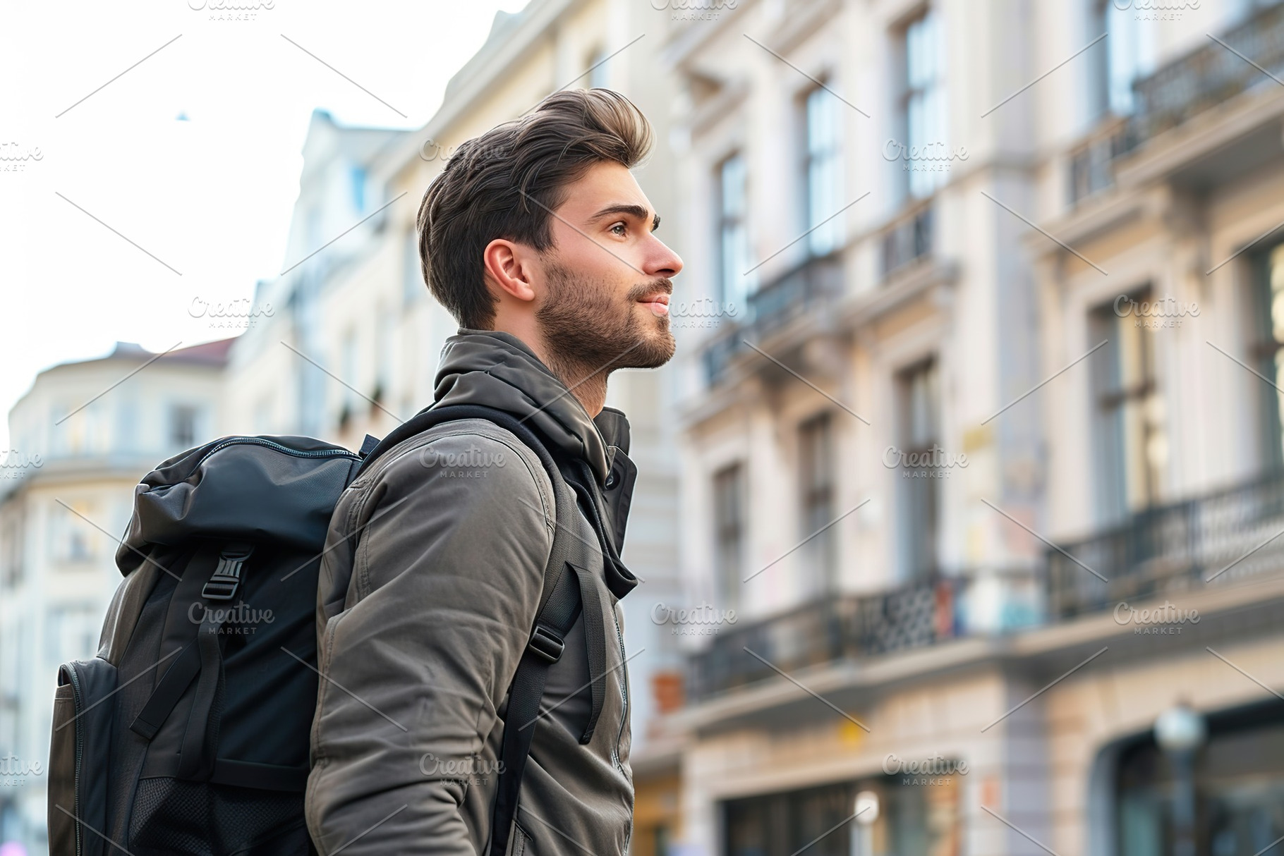Handsome man tourist in fashion clothes and backpack, a Photo by AlyaAnd