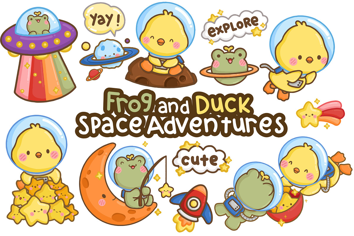 Hand Drawn Frog and Duck Astronauts, an Animal Illustration by Inkley Studio (Photo 1 of 2)