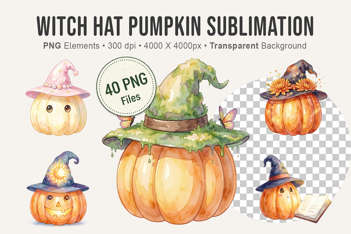 Witch Hat Pumpkin Sublimation, an Illustration by Artnoy (Photo 1 of 8)