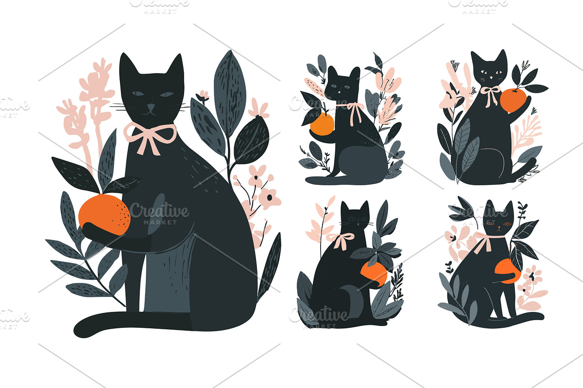 Black cat playing orange tree, an Animal Illustration by Onyx