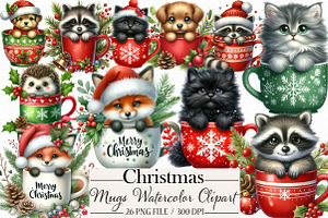 Christmas Mugs Watercolor Clipart, an Illustration by Libby Wishes