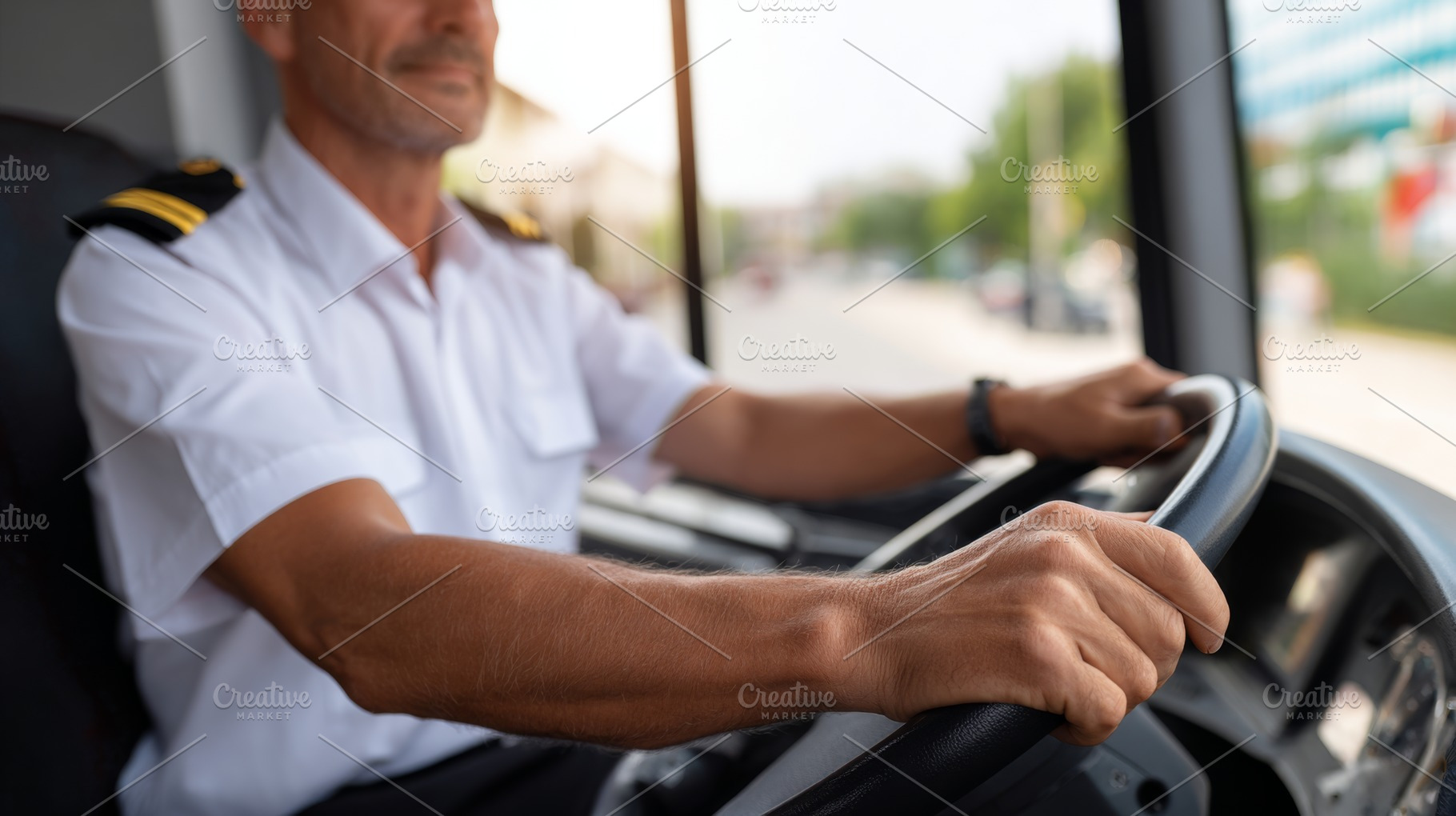 A male bus driver in a white uniform and captain's stripes concentrates on the, a Person Photo by ImageMir