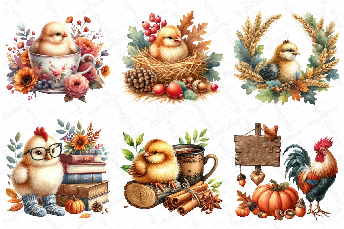 Watercolor Autumn Chicken Clipart, an Illustration by DreamPrint404 (Photo 3 of 6)