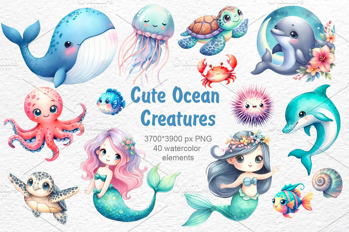 Cute Ocean Creatures, an Animal Illustration by Watercolor dreams (Photo 1 of 8)