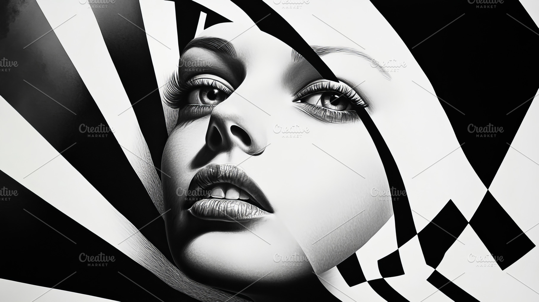 black and white portrait of a girl and geometric lines., a Photo by Pictures for you!!!!!!!!!