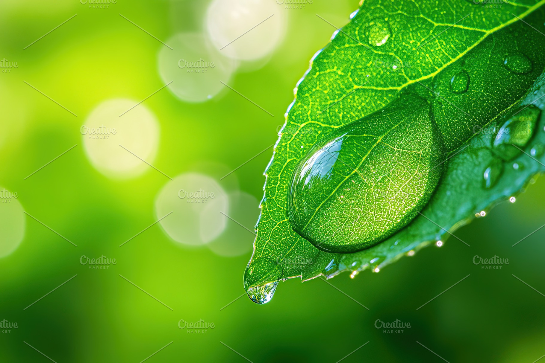 Clear water droplet resting on a vibrant green leaf amid a blurred background, a Nature Photo by AlyaAnd