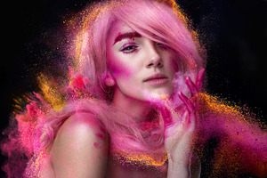 Girl with creative pink make up featuring beautiful, woman, and beauty