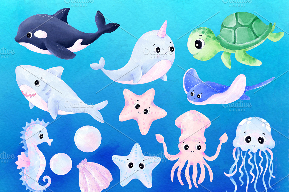 Watercolor Under Sea Animals Clipart, an Animal Illustration by MiracleArtAndDesign (Photo 5 of 8)