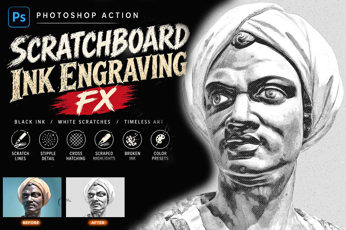SCRATCHBOARD INK ENGRAVING FX, an Action Add-On by Studio Retouch (Photo 1 of 12)