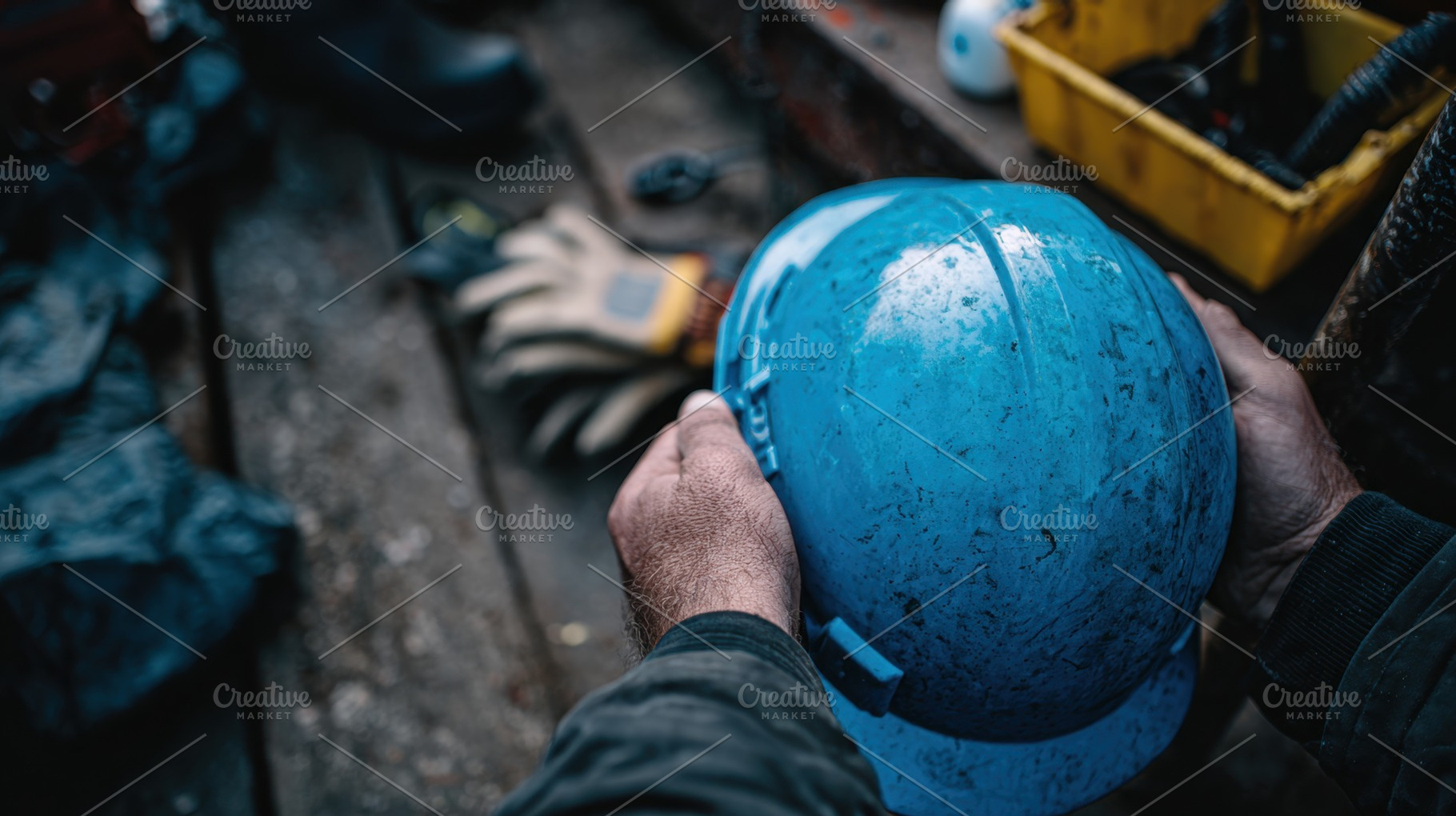 Worker holds blue hard hat at site, a Photo by Beautiful things