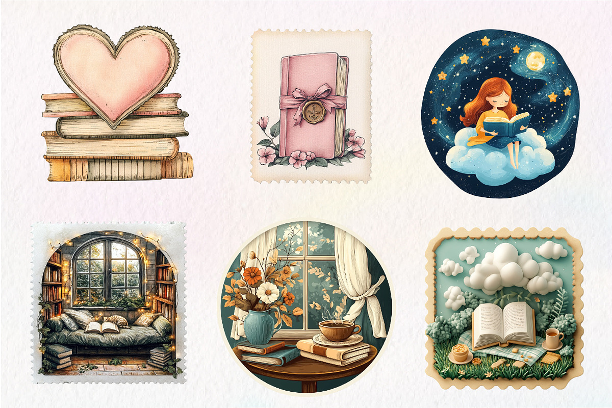 Reading Books Postage Stamp Clipat, an Illustration by CreationArt (Photo 3 of 9)