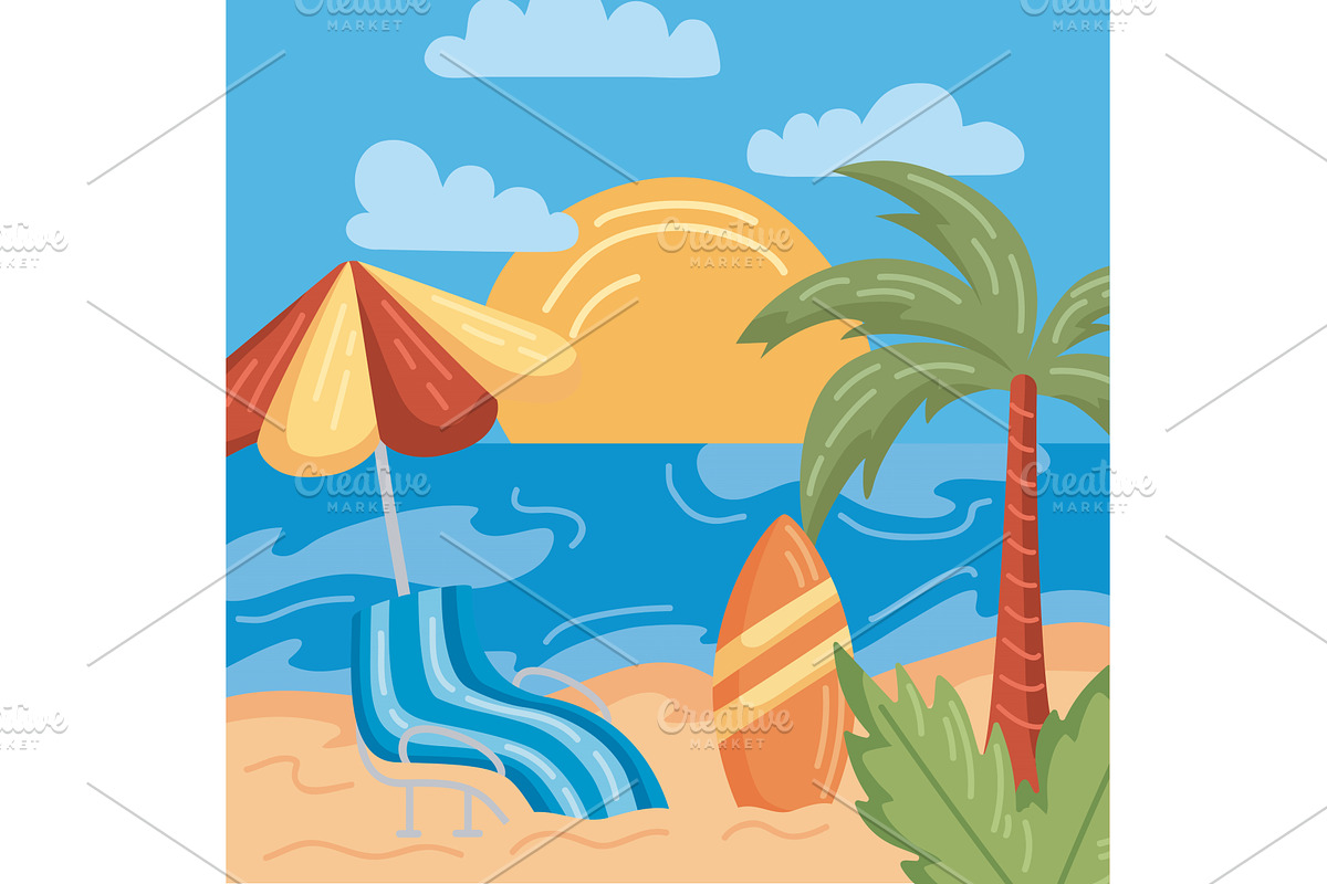 umbrella and chair beach, an Illustration by studiogstock