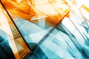 Modern Glass Architecture with Blue and Orange Reflections, an Abstract Photo by Natalia Klenova's Shop