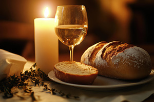 Warm bread and wine create a cozy at, a Photo by Tanuart