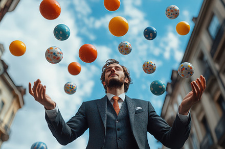 Businessman Juggling Colorful Balls, a Background Photo by Pixeness