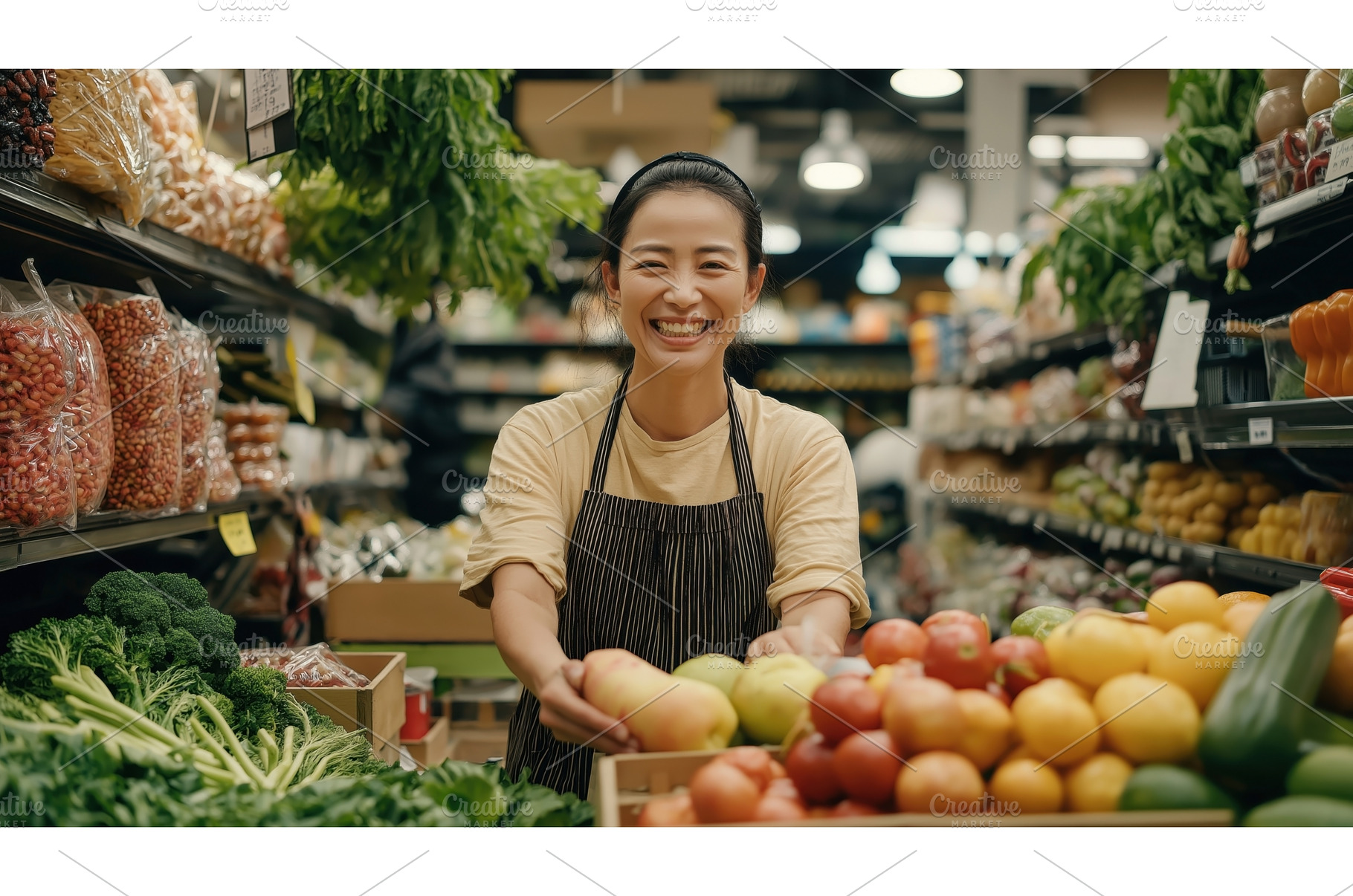 Smiling Asian female grocery store, a Food & Drink Photo by Sergey Kotenev