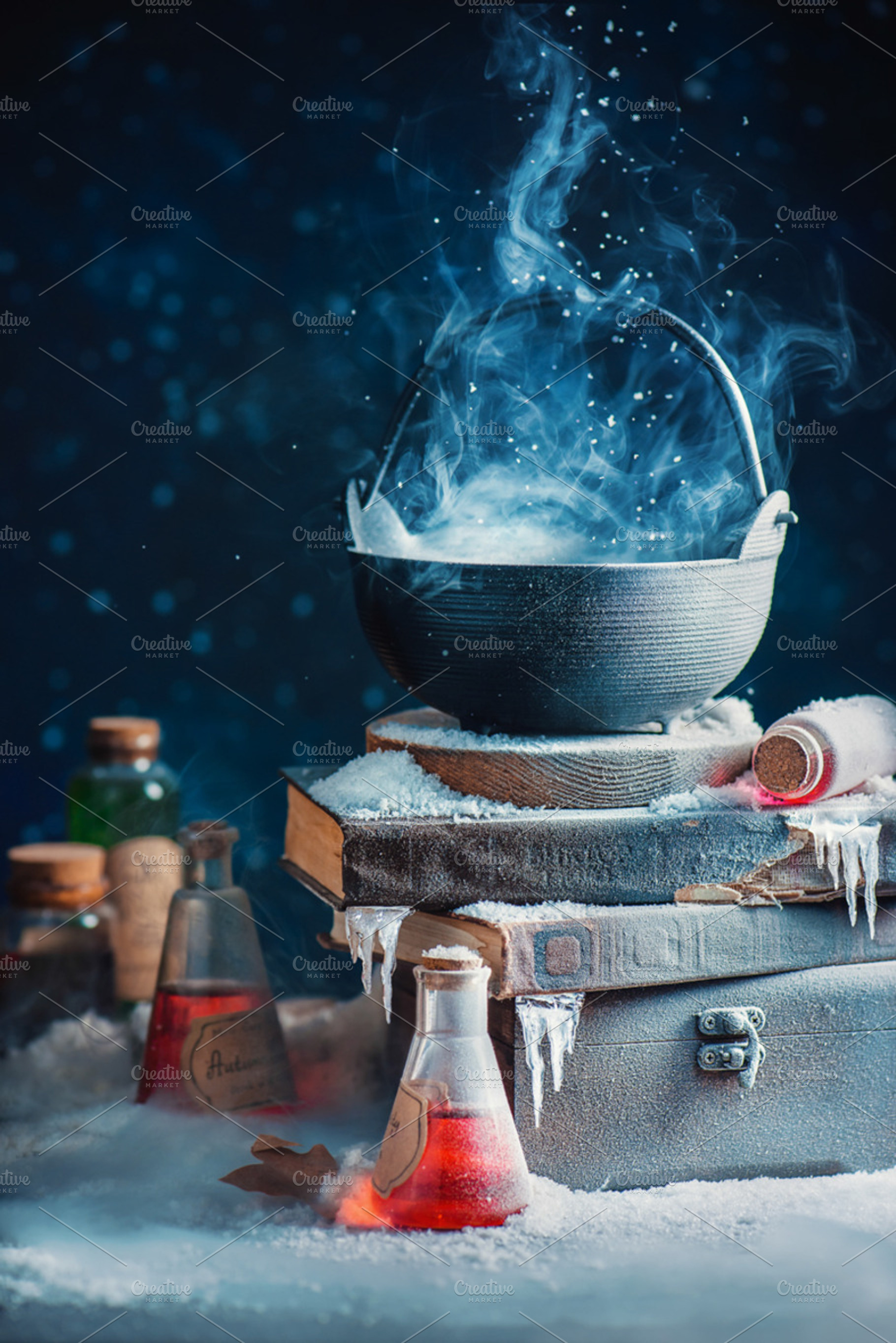 Couldron with winter and snow, witch, a Background Photo by dinabelenko