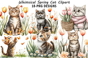 Whimsical Spring Cat Clipart, an Illustration by Daily.Designs