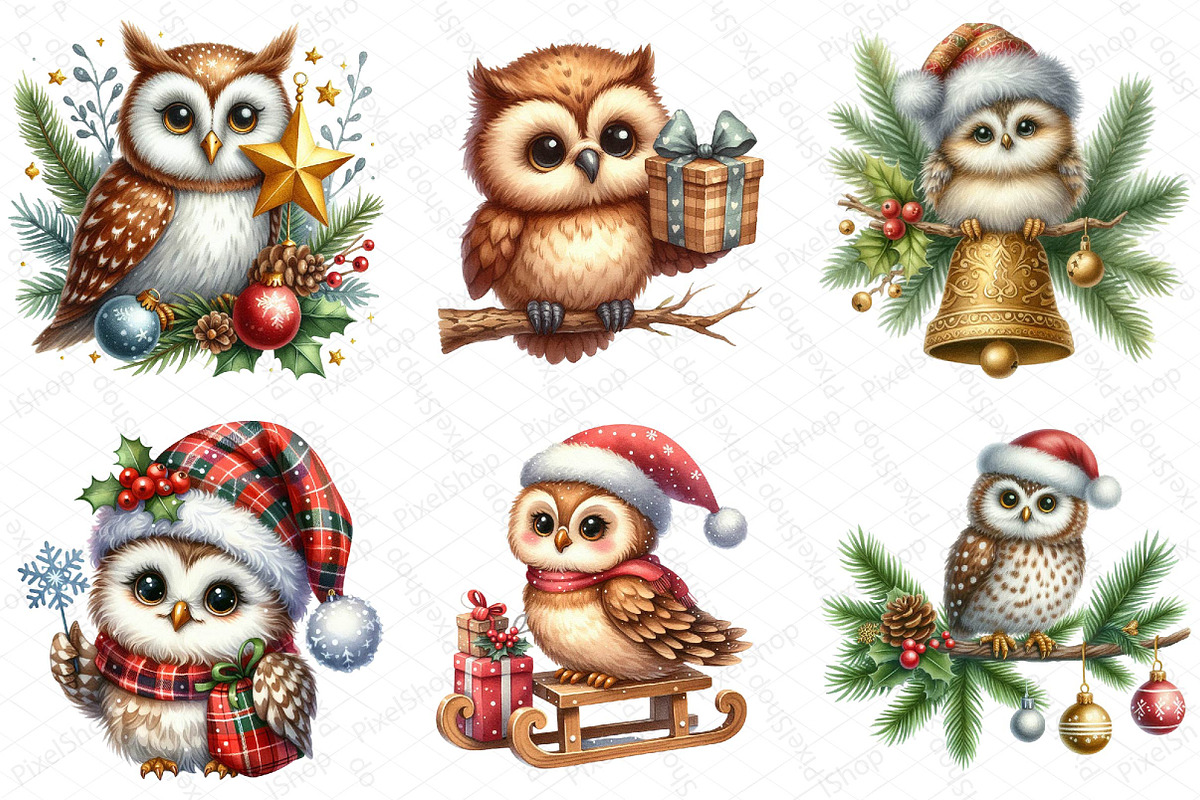 Watercolor Christmas Owl Clipart, an Illustration by DreamPrint404 (Photo 4 of 6)