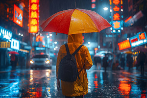 A young woman in a yellow raincoat stands under a red and yellow umbrella, gazi, a Person Photo by ImageMir