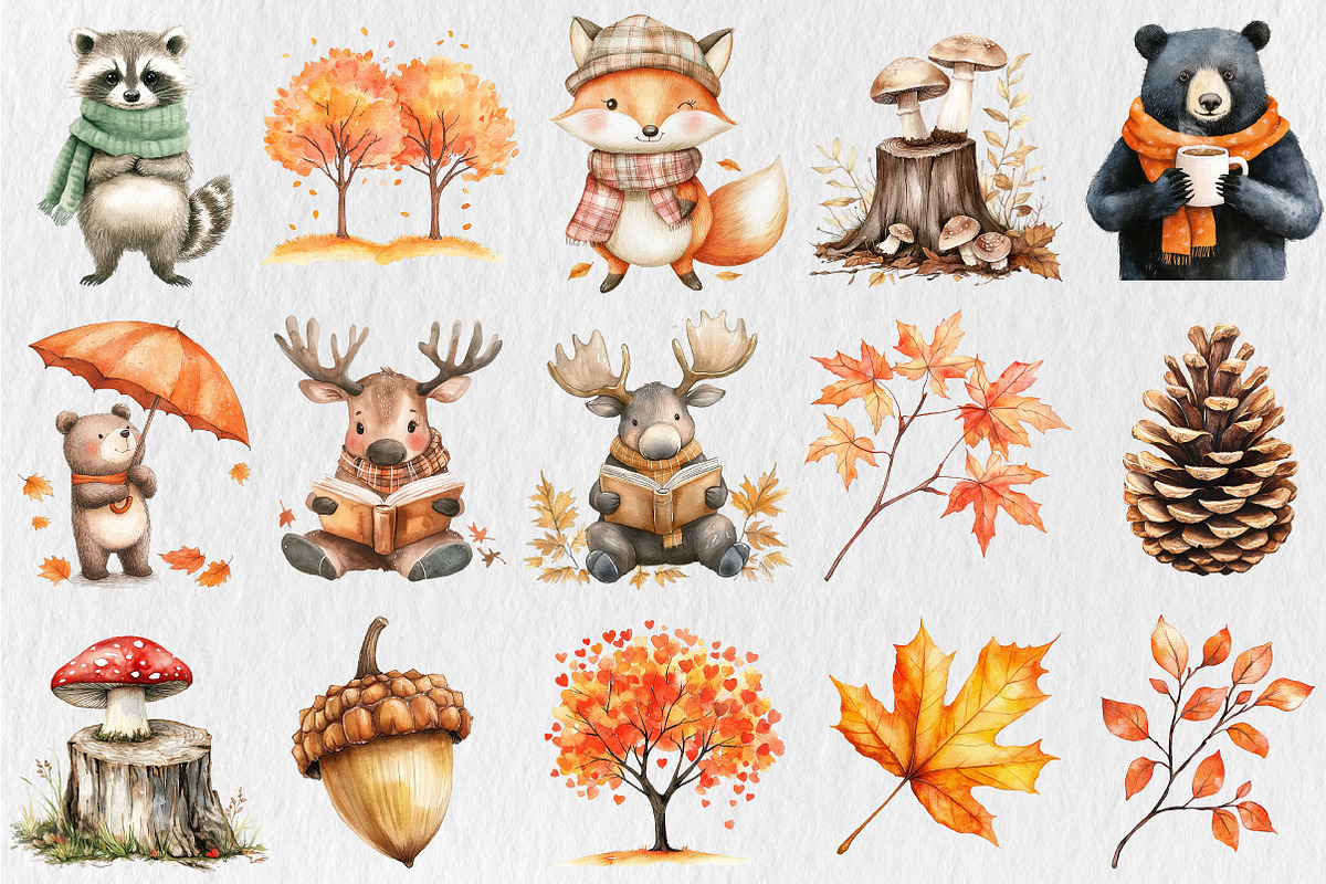 Watercolor Woodland Autumn Clipart, a Seasonal Illustration by Rose Art (Photo 2 of 9)