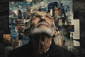 Middle aged man beggar gazing upward, a Photo by Pavel_design