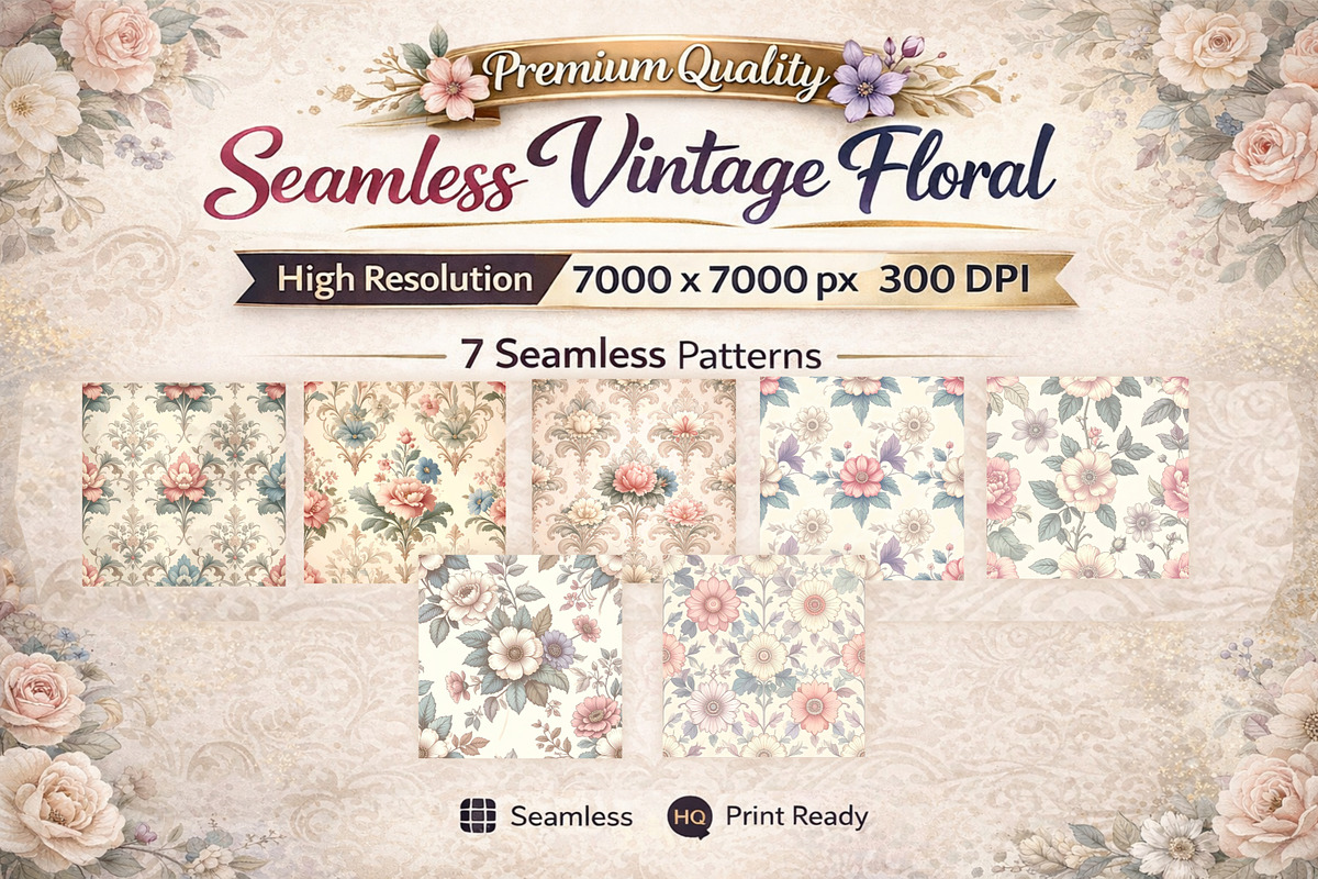 7– Seamless Vintage Floral Patterns., a Pattern Graphic by Print Haven (Photo 1 of 8)
