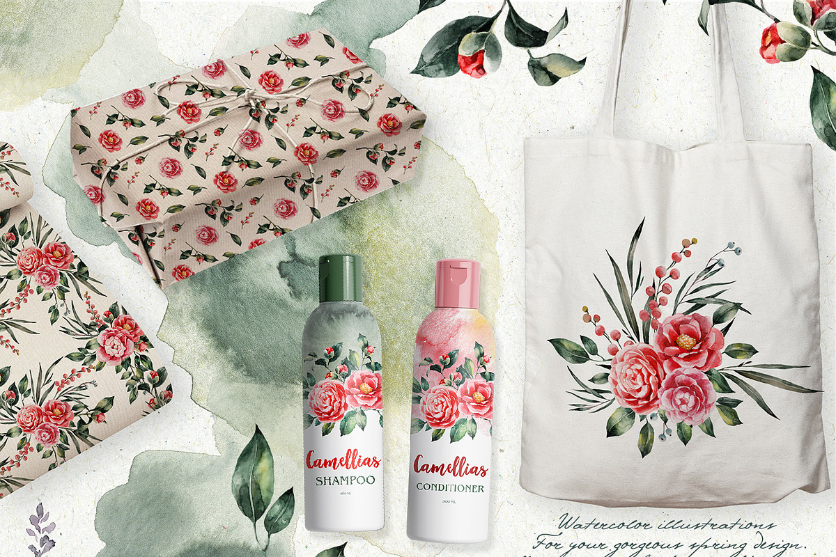 Spring watercolor camellia set, an Illustration by RushkinaAntonina (Photo 3 of 6)