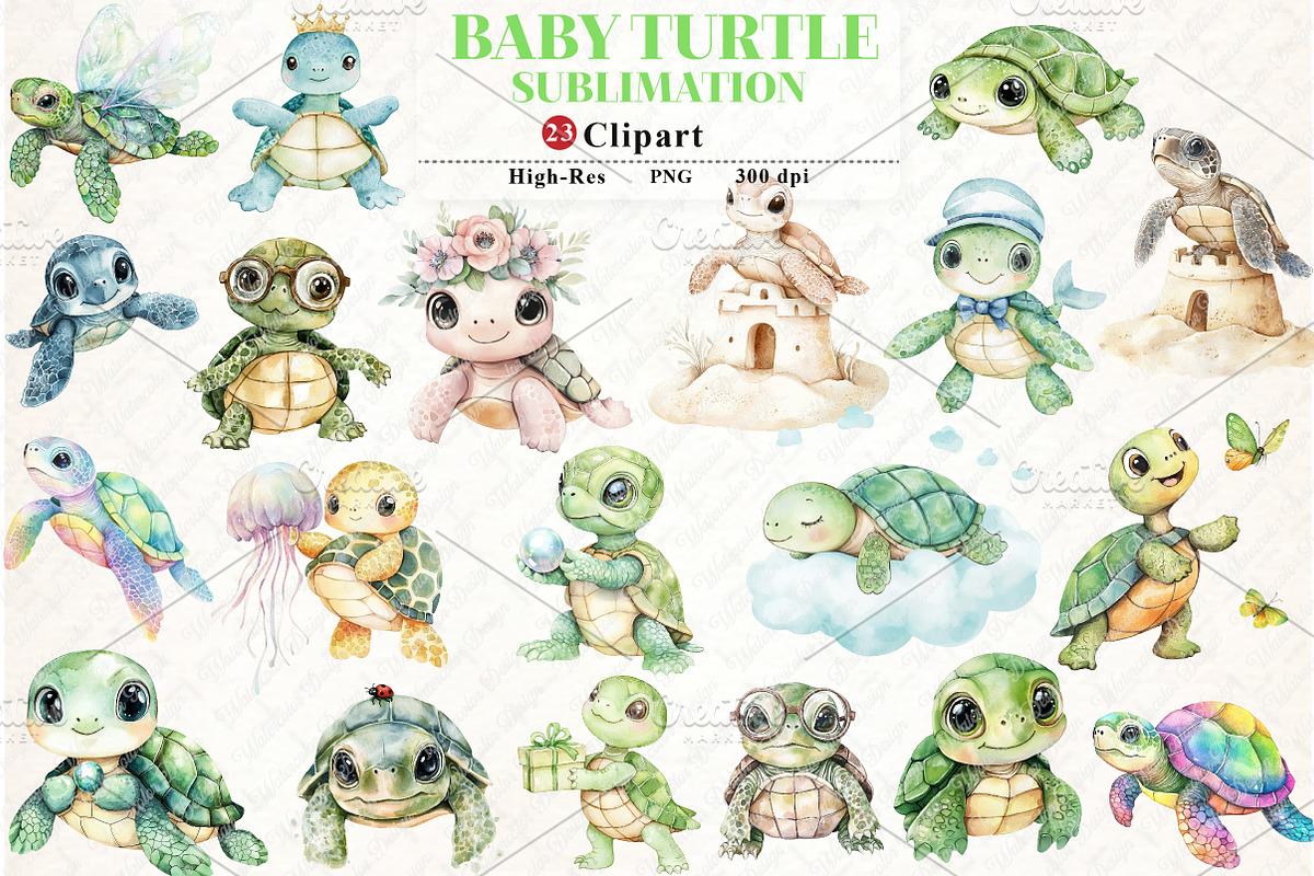 Watercolor Baby Turtle Clipart, an Illustration by Watercolor design (Photo 1 of 12)
