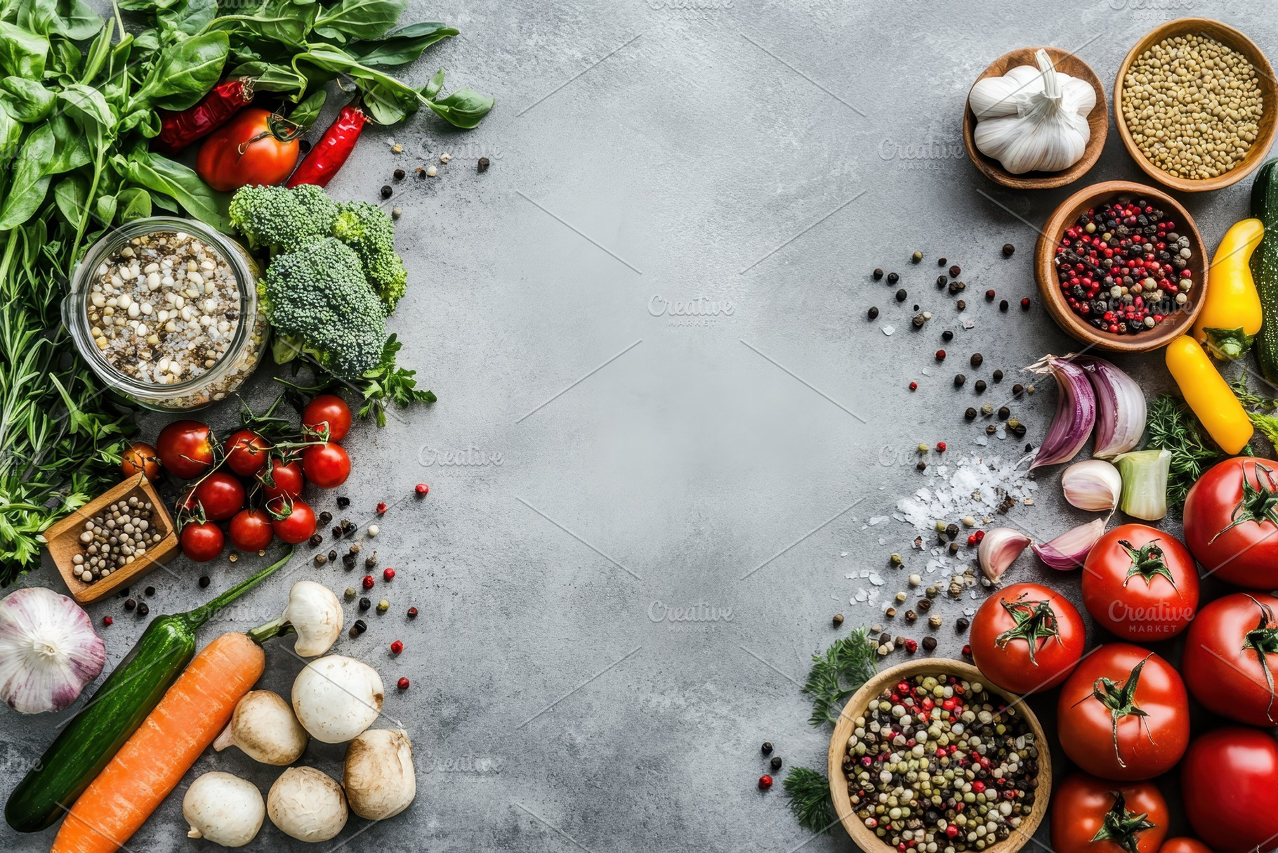 Fresh vegetables and herbs arranged, a Photo by Tanuart