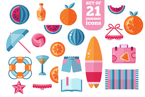 Trendy Summer Beach Flat Icons Set