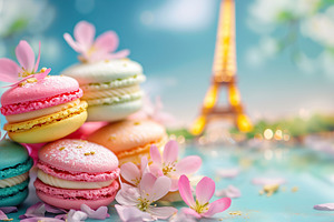 French tasty macarons on Eiffel Tower background, a Food & Drink Photo by AlyaAnd