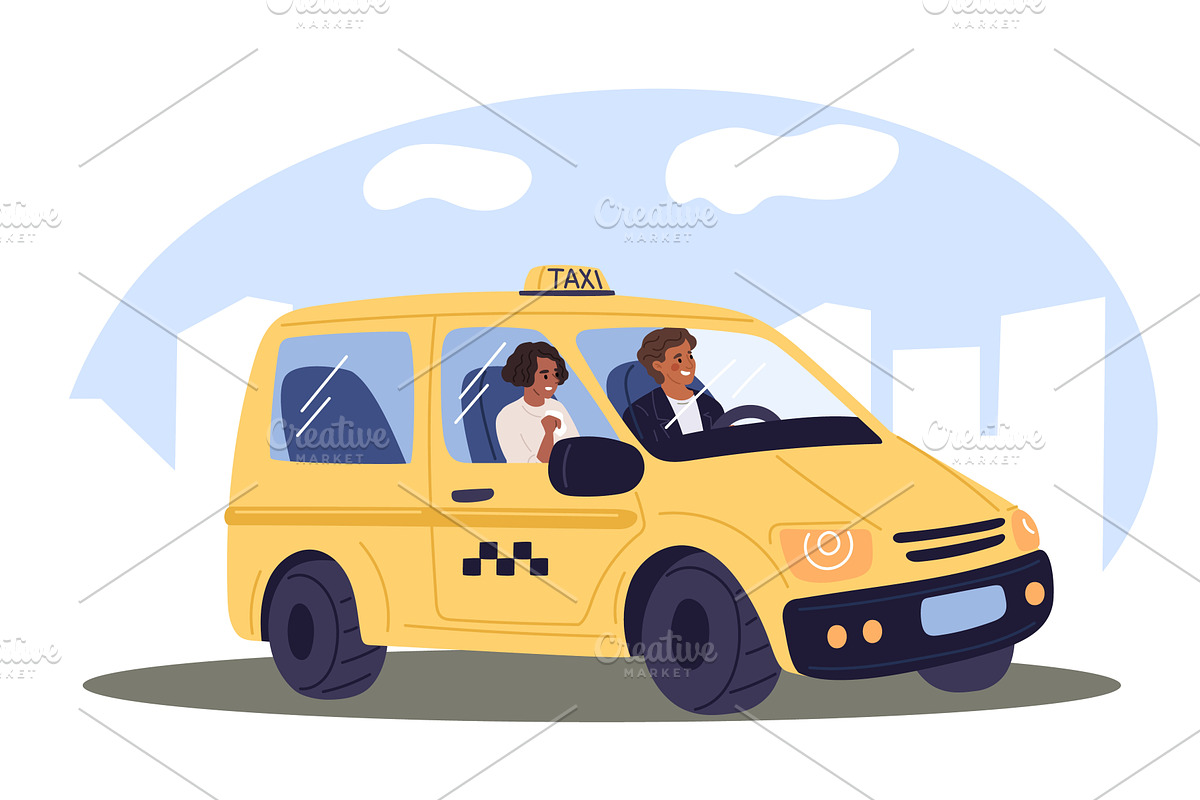 Yellow city taxi driving with, a Transportation Illustration by Vectorbuum