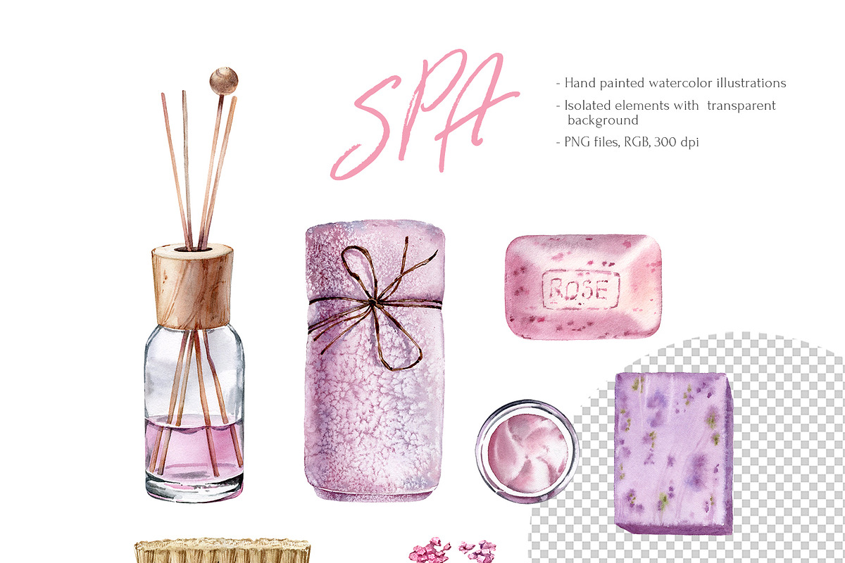 SPA Watercolor Beauty Items Set, an Object Illustration by Akvarelldesign (Photo 2 of 3)