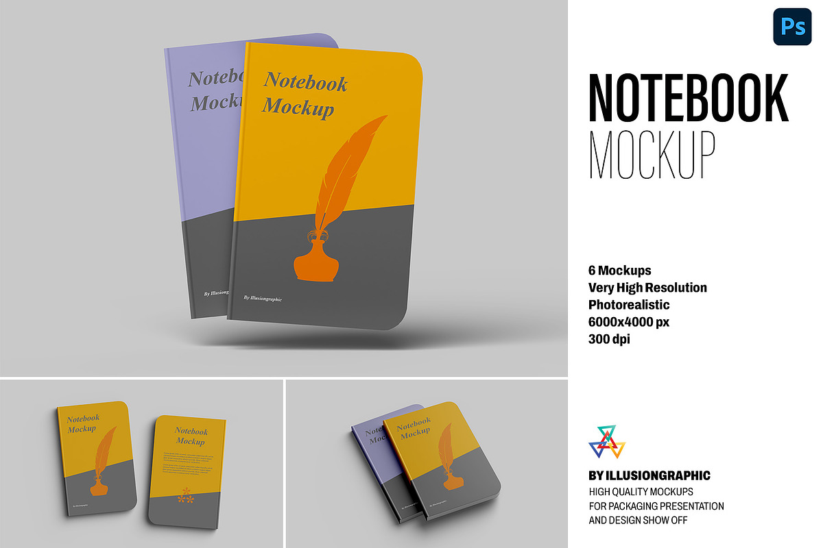Notebook Mockup - 6 views, a Product Mockup by Illusiongraphic (Photo 1 of 20)