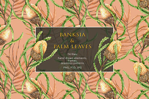 Banksia & palm leaves. Watercolor