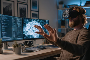 Man using VR headset interacts with, a Photo by Pixeness Studio