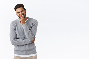 Handsome laughing man look intrigued