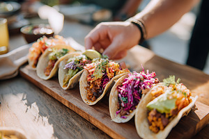 Delicious vegan tacos filled with beans served on a wooden platter at a casual, a Food & Drink Photo by AlyaAnd