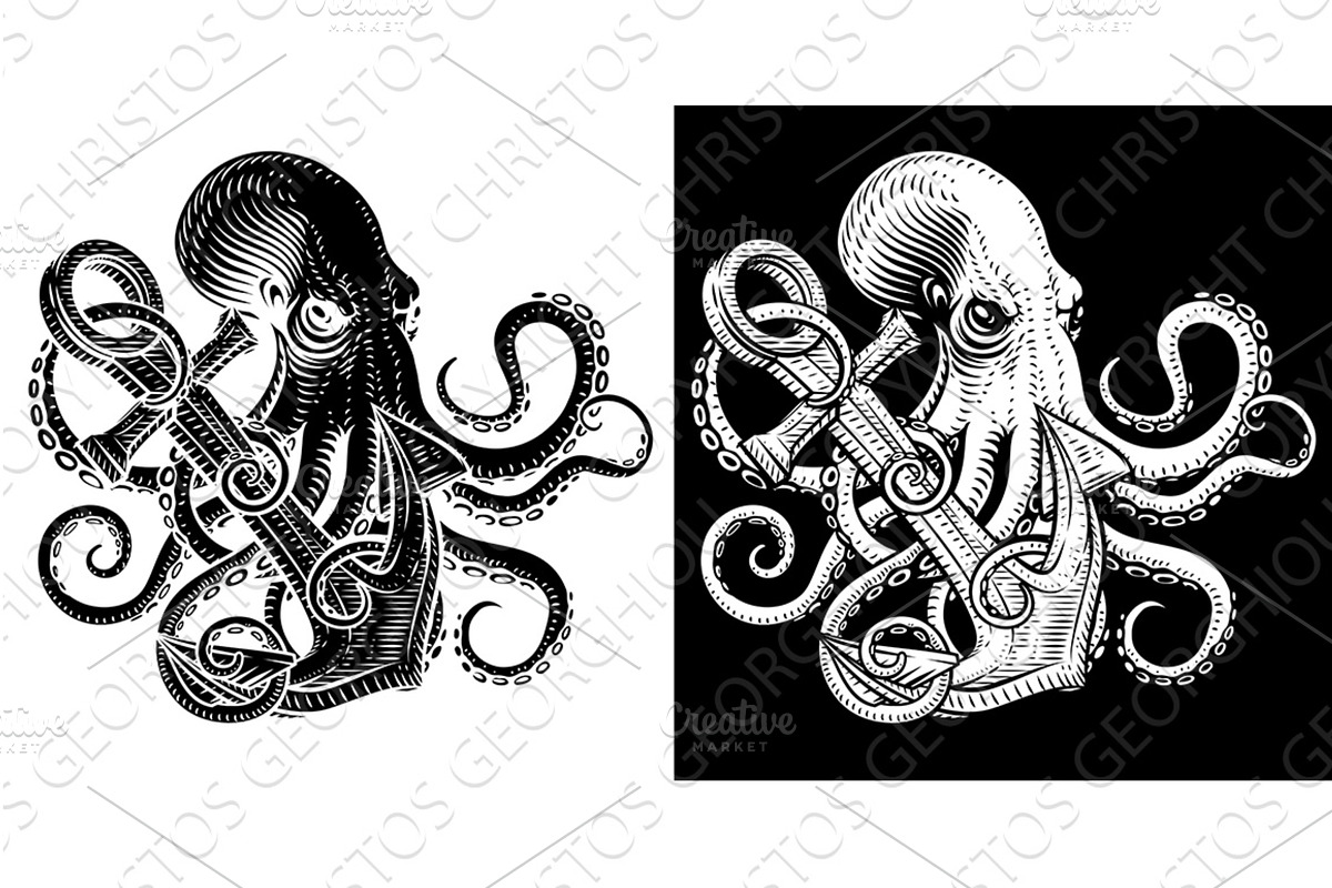 Octopus Anchor Kraken Sailor Tattoo, an Animal Illustration by Christos Georghiou