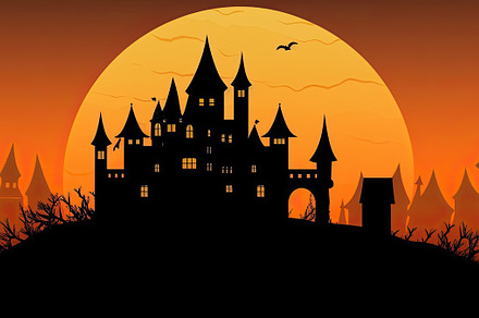 Orange halloween landscape with a haunted castle in the backgrou, a Holiday Photo by José Manuel Gelpi