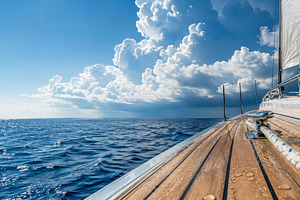 Sailboat on ocean under cloudy sky w, a Photo by Dvoevnore photos