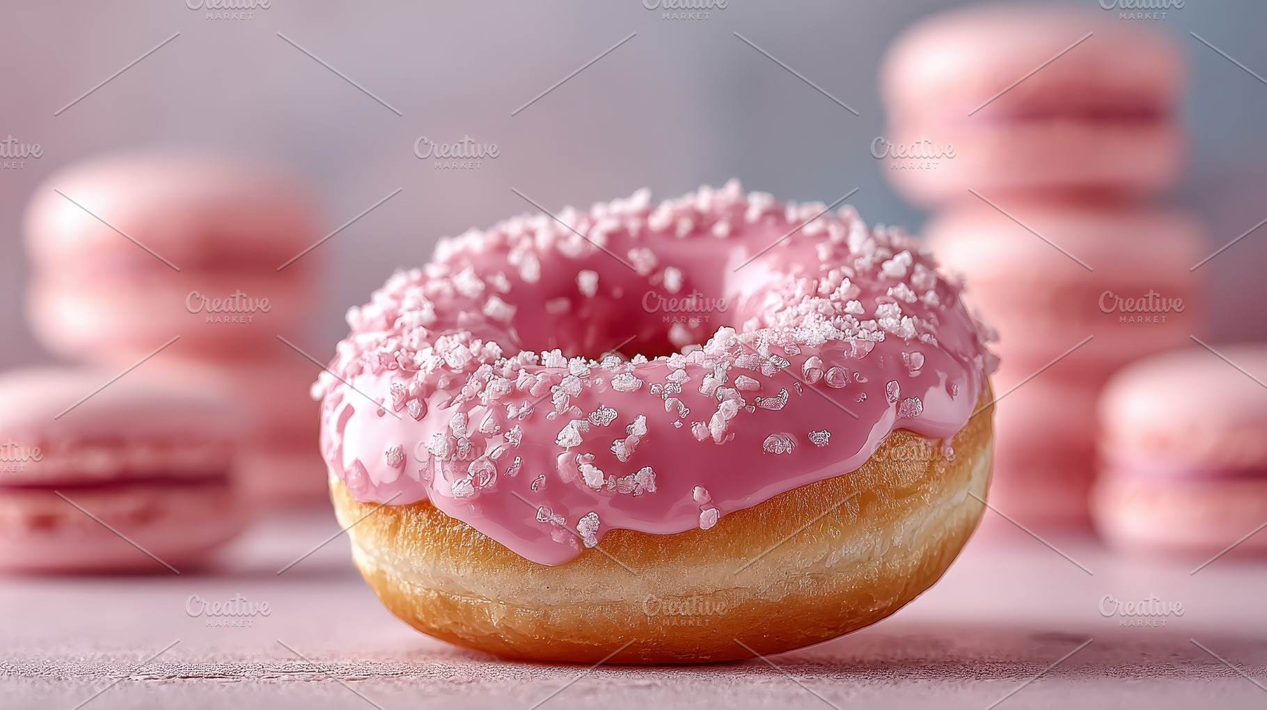 Pink donut with sprinkles and macaro, a Photo by Pixeness Studio