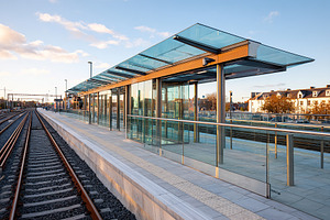 Modern train station platform with glass structure and sunset sky in urban sett, a Transportation Photo by AlyaAnd